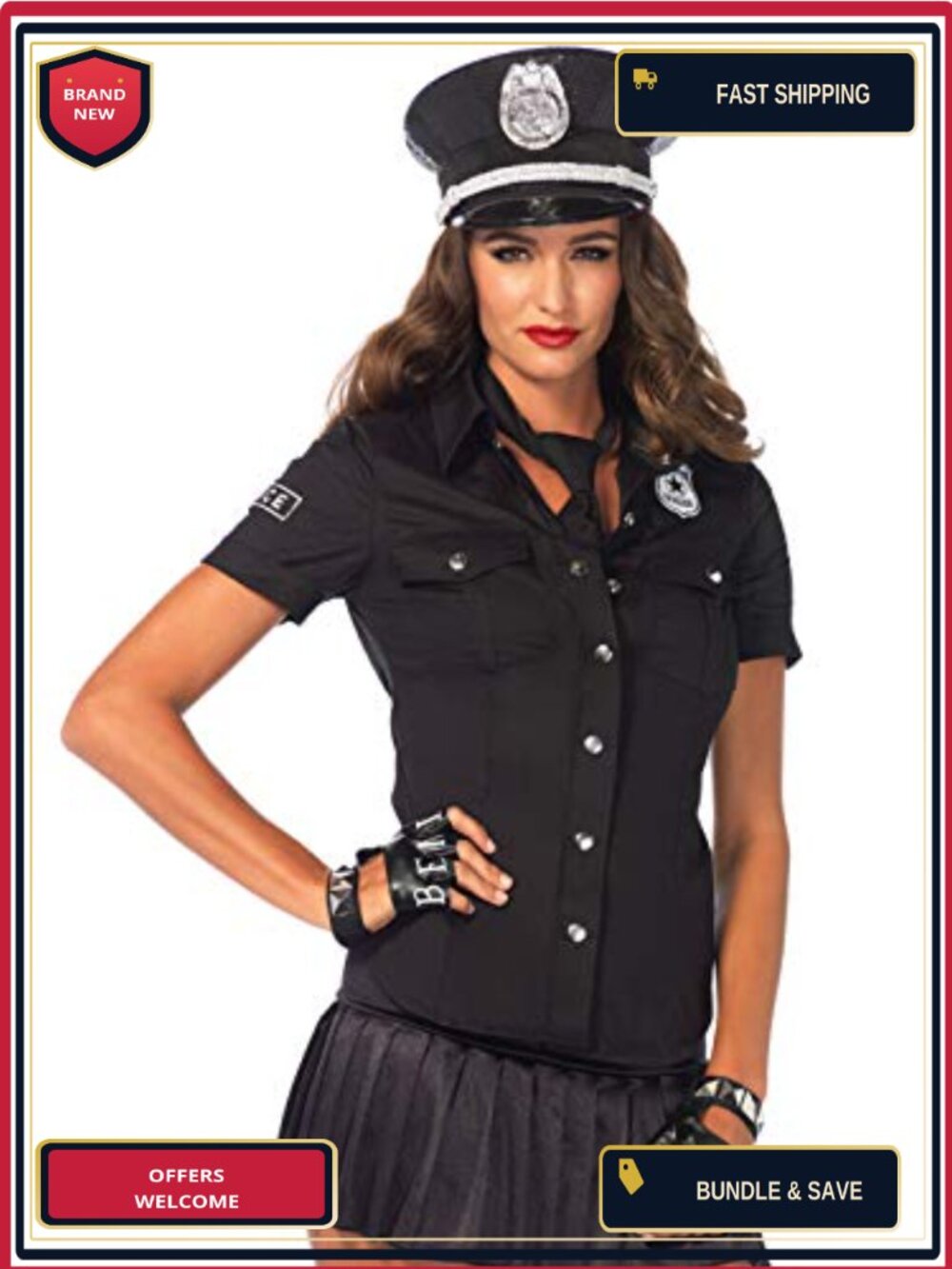 Leg Avenue 2 Piece Police Costume Set Snap Button Shift Satin Neck Tie